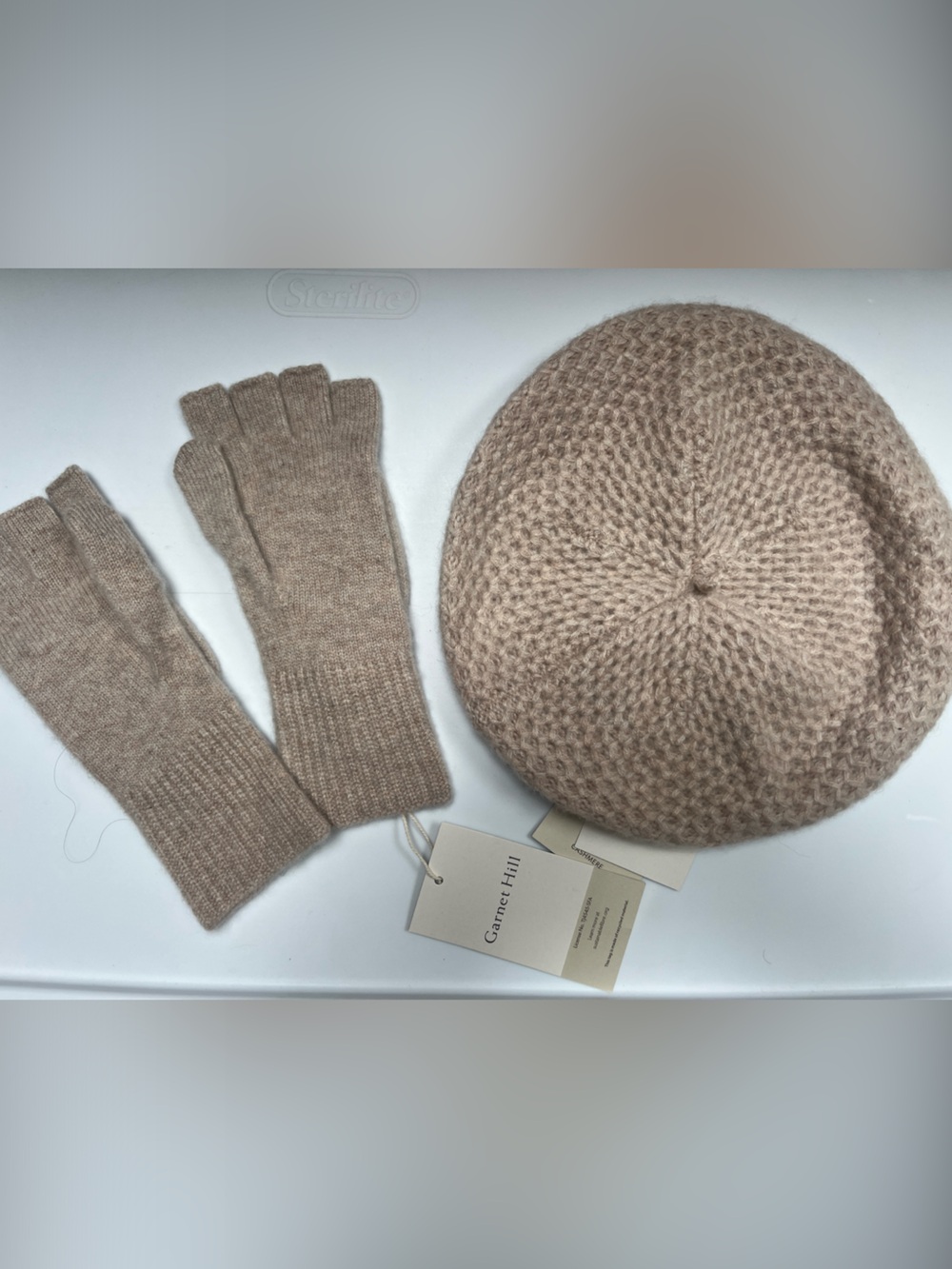 Garnet Hill Cashmere Taupe Knit Beret with Matching Fingerless Mittens
